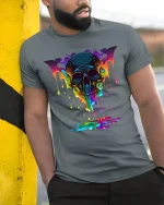 Melting Rainbow Skull Dark Art Psychedelic Graphic Tee - model wearing grey tee, leaning on column