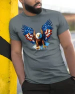 American Flag Bald Eagle Freedom Graphic Tee Shirt - model wearing grey tee, leaning on column