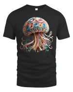 Skull Octopus Ocean Pirate Fantasy Art Graphic Tshirt - black t-shirt on white background