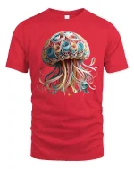 Skull Octopus Ocean Pirate Fantasy Art Graphic Tshirt - red t-shirt on white background