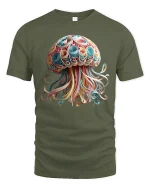 Skull Octopus Ocean Pirate Fantasy Art Graphic Tshirt - military green t-shirt on white background