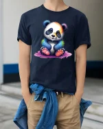 Psychedelic Wizard Bicycle Rainbow Fantasy Art Graphic Tshirt - model wearing navy tee with hands in pockets