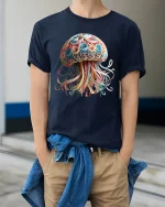 Skull Octopus Ocean Pirate Fantasy Art Graphic Tshirt - model wearing navy tee with hands in pockets