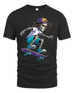 Skateboarding Skeleton Street Style Graphic Tshirt Art - black t-shirt on white background