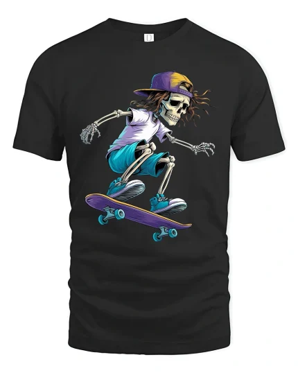 Skateboarding Skeleton Street Style Graphic Tshirt Art - black t-shirt on white background