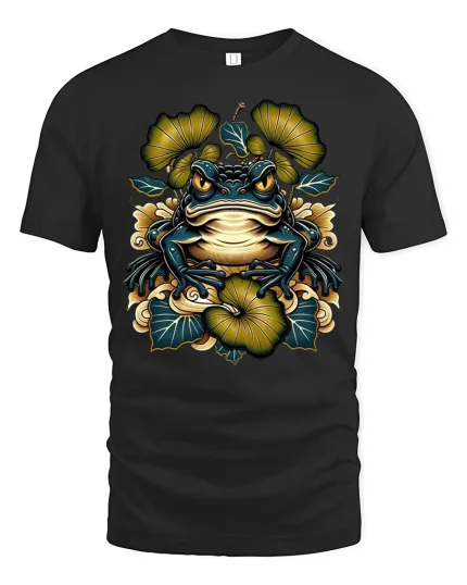 Mystical Lotus Frog Zen Nature Art Graphic Tshirt - black t-shirt on white background