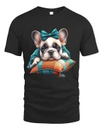 Cute Sleeping French Bulldog Puppy Cozy Art Graphic Tshirt - black t-shirt on white background