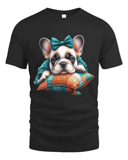 Cute Sleeping French Bulldog Puppy Cozy Art Graphic Tshirt - black t-shirt on white background