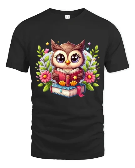 Cute Owl Reading Books Cozy Learning Art Graphic Tshirt - black t-shirt on white background