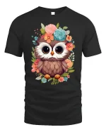 Cute Floral Owl Big Eyes Whimsical Art Graphic Tshirt - black t-shirt on white background