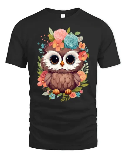 Cute Floral Owl Big Eyes Whimsical Art Graphic Tshirt - black t-shirt on white background