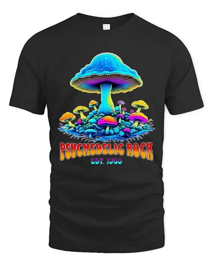 Psychedelic Rock Magic Mushroom Trippy Art Graphic Tshirt - black t-shirt on white background