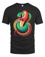 Fierce Coiled Snake Colorful Wildlife Art Graphic Tshirt - black t-shirt on white background