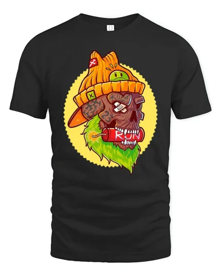 Edgy Skull Street Art Rebel Style Graphic Tshirt - black t-shirt on white background