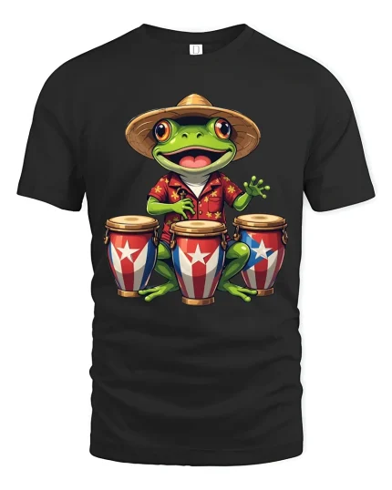 Happy Frog Drummer Tropical Music Cartoon Graphic Tshirt - black t-shirt on white background