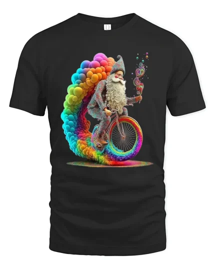 Psychedelic Wizard Bicycle Rainbow Fantasy Art Graphic Tshirt - black t-shirt on white background