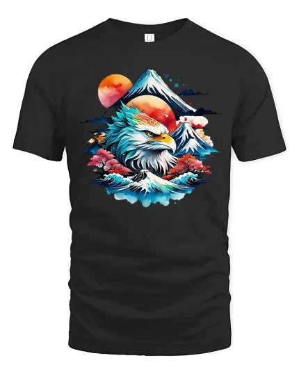 Majestic Eagle Mountain Sunrise Nature Art Graphic Tshirt - black t-shirt on white background