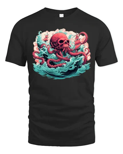 Skull Octopus Ocean Pirate Fantasy Art Graphic Tshirt - black t-shirt on white background
