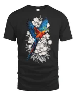 Vibrant Parrot Floral Art Nature Inspired Graphic Tshirt - black t-shirt on white background