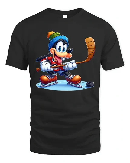 Funny Cartoon Dog Ice Hockey Street Style Graphic Tshirt - black t-shirt on white background