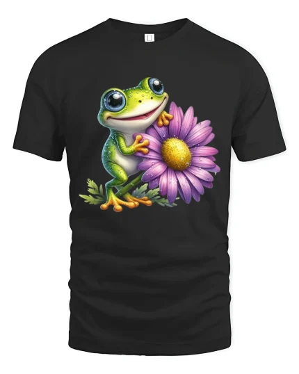 Cute Smiling Frog With Flower Whimsical Art Graphic Tshirt - black t-shirt on white background
