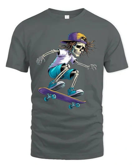 Skateboarding Skeleton Street Style Graphic Tshirt Art - gray t-shirt on white background