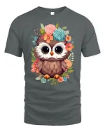 Cute Floral Owl Big Eyes Whimsical Art Graphic Tshirt - gray t-shirt on white background