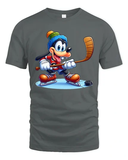 Funny Cartoon Dog Ice Hockey Street Style Graphic Tshirt - gray t-shirt on white background