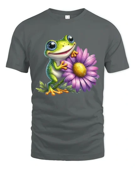Cute Smiling Frog With Flower Whimsical Art Graphic Tshirt - gray t-shirt on white background