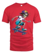 Skateboarding Skeleton Street Style Graphic Tshirt Art - red t-shirt on white background
