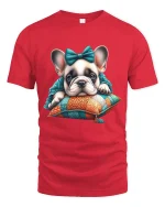 Cute Sleeping French Bulldog Puppy Cozy Art Graphic Tshirt - red t-shirt on white background