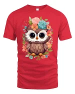 Cute Floral Owl Big Eyes Whimsical Art Graphic Tshirt - red t-shirt on white background
