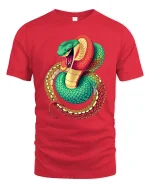 Fierce Coiled Snake Colorful Wildlife Art Graphic Tshirt - red t-shirt on white background
