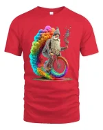 Psychedelic Wizard Bicycle Rainbow Fantasy Art Graphic Tshirt - red t-shirt on white background