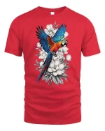 Vibrant Parrot Floral Art Nature Inspired Graphic Tshirt - red t-shirt on white background
