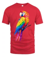 Vibrant Rainbow Parrot Tropical Art Graphic Tshirt - red t-shirt on white background