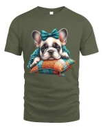Cute Sleeping French Bulldog Puppy Cozy Art Graphic Tshirt - military green t-shirt on white background