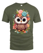 Cute Floral Owl Big Eyes Whimsical Art Graphic Tshirt - military green t-shirt on white background