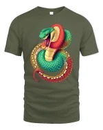 Fierce Coiled Snake Colorful Wildlife Art Graphic Tshirt - military green t-shirt on white background