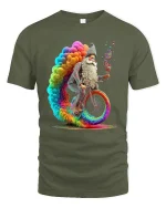 Psychedelic Wizard Bicycle Rainbow Fantasy Art Graphic Tshirt - military green t-shirt on white background