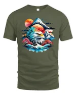 Majestic Eagle Mountain Sunrise Nature Art Graphic Tshirt - military green t-shirt on white background