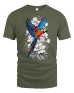 Vibrant Parrot Floral Art Nature Inspired Graphic Tshirt - military green t-shirt on white background