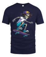 Skateboarding Skeleton Street Style Graphic Tshirt Art - navy t-shirt on white background