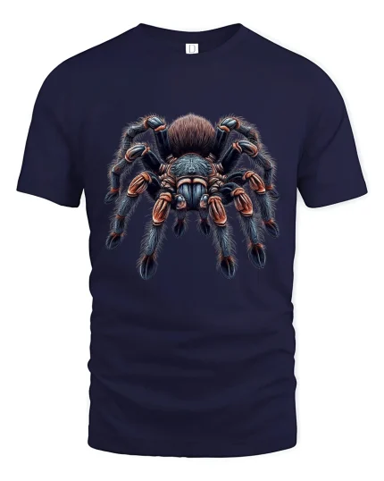 Realistic Tarantula Dark Nature Art Graphic Tshirt - navy t-shirt on white background