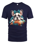 Cute Sleeping French Bulldog Puppy Cozy Art Graphic Tshirt - navy t-shirt on white background