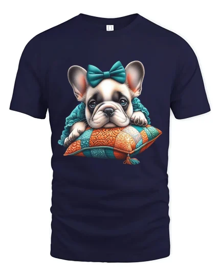 Cute Sleeping French Bulldog Puppy Cozy Art Graphic Tshirt - navy t-shirt on white background