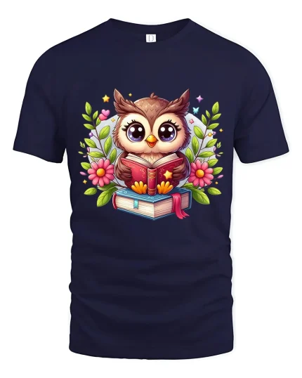Cute Owl Reading Books Cozy Learning Art Graphic Tshirt - navy t-shirt on white background