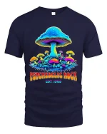 Psychedelic Rock Magic Mushroom Trippy Art Graphic Tshirt - navy t-shirt on white background