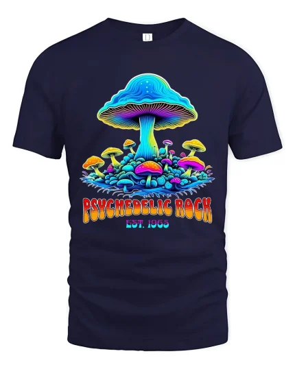 Psychedelic Rock Magic Mushroom Trippy Art Graphic Tshirt - navy t-shirt on white background