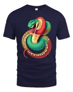 Fierce Coiled Snake Colorful Wildlife Art Graphic Tshirt - navy t-shirt on white background